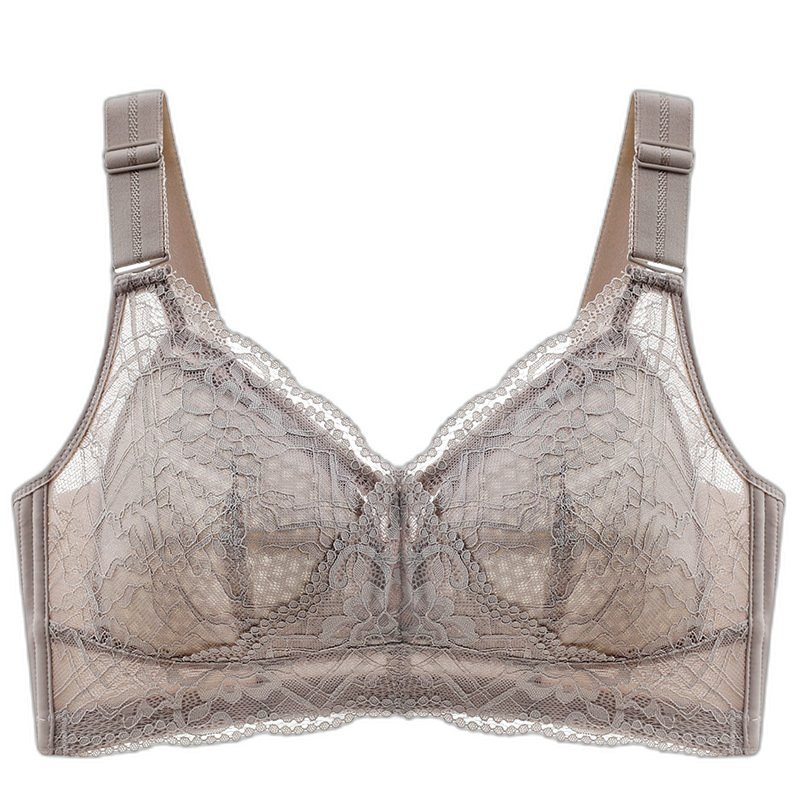 No steel ring bra women's big breasts show small lace thin section gathered sexy adjustable bra