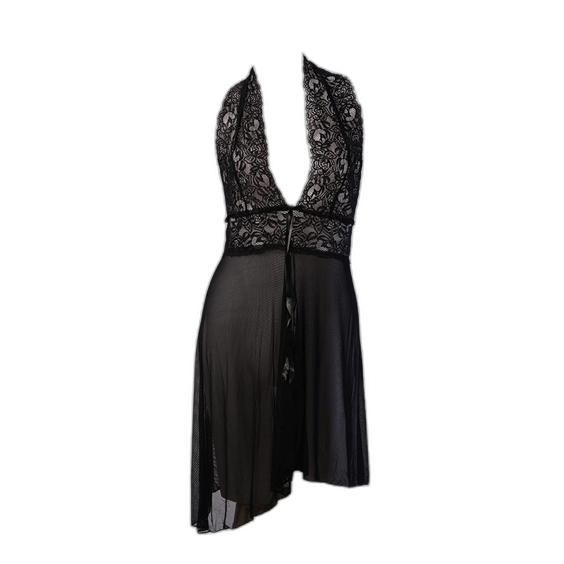 European and American sexy lingerie hanging neck nightdress mesh lace cardigan jumpsuit transparent women's temptation 8136 8136