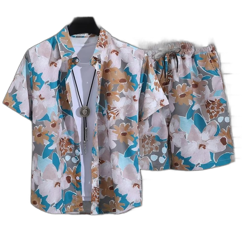 Cross-border foreign trade printing quick-drying casual suit men's short-sleeved shirt five-point beach sports summer pants pants