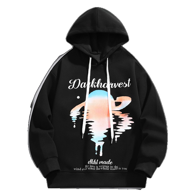 Cross-border wholesale autumn hooded sweatshirt for men, trendy brand loose printed long-sleeved top, Hong Kong style men's casual pullover pullover
