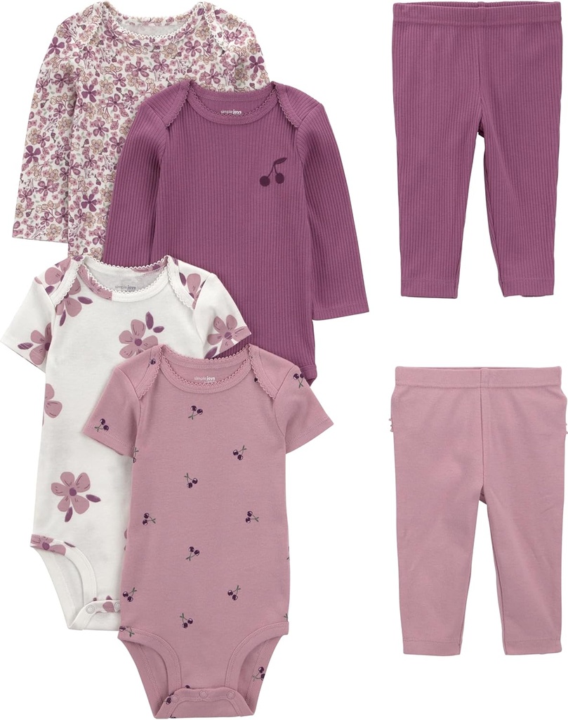 baby-girls 6-piece Bodysuits (Short and Long Sleeve) and Pants Set