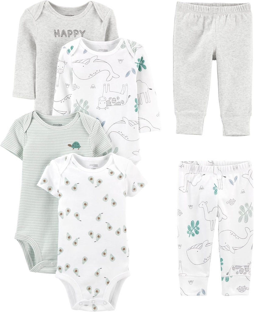 Baby 6-piece Bodysuits (Short and Long Sleeve) and Pants Set