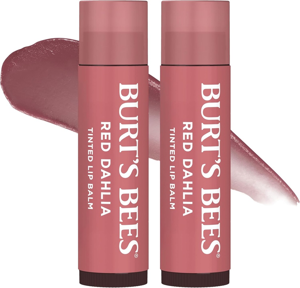 Burt's Bees Lip Tint Balm Stocking Stuffers Gifts, Long Lasting 2 in 1 Duo Tinted Balm Formula, Color Infused with Hydrating Shea Butter for a Natural Looking Buildable Finish, Red Dahlia (2-Pack)