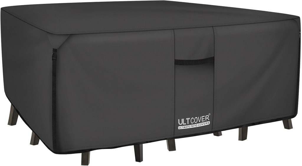ULTCOVER 600D Tough Canvas Heavy Duty Rectangular Patio Table and Chair Cover - Waterproof Outdoor General Purpose Furniture Covers 111 x 74 inch, Black