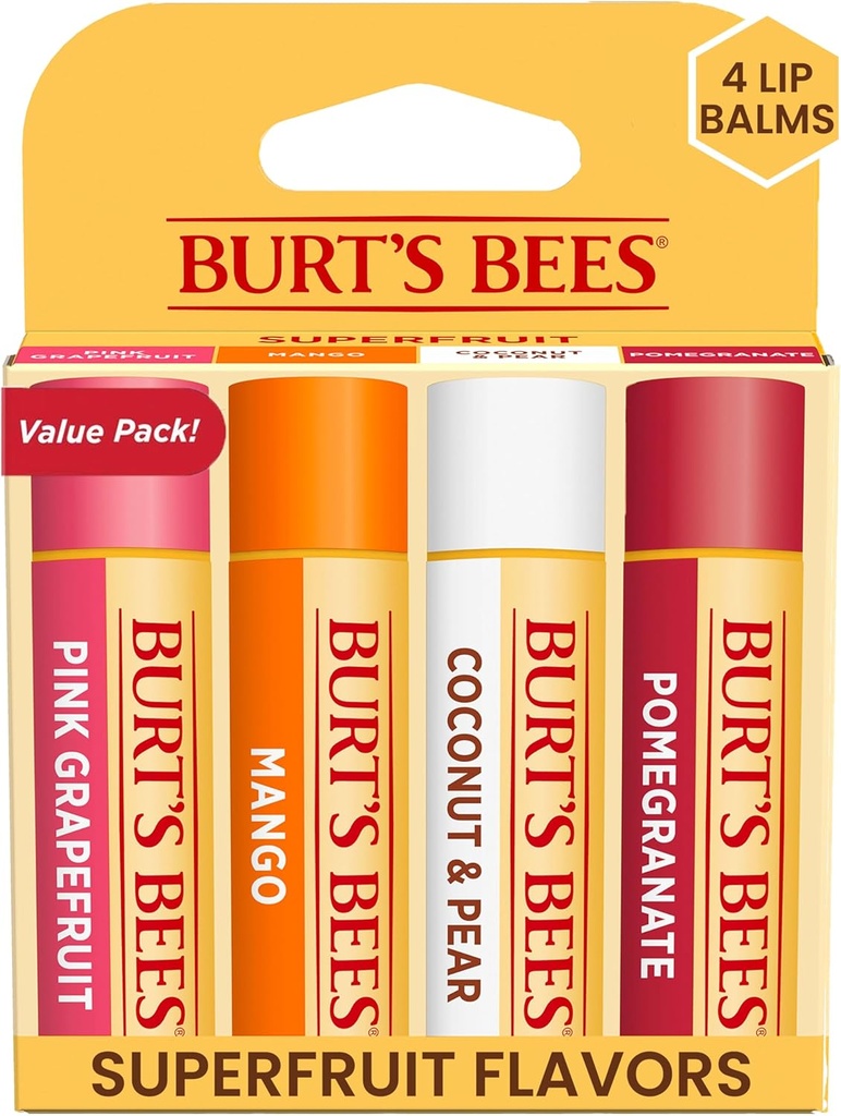 lip gloss burt s bees lip balm - pink grapefruit mango coconut pear and pomegranate pack lip moisturizer with beeswax tint-free natural origin conditioning treatment 4 tubes 0 15 oz