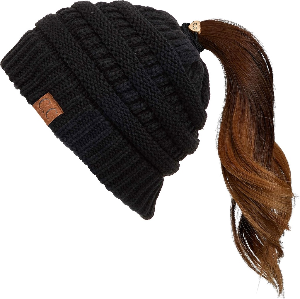 beanie hat exclusives soft stretch cable knit messy bun ponytail beanie winter hat for women mb-20a