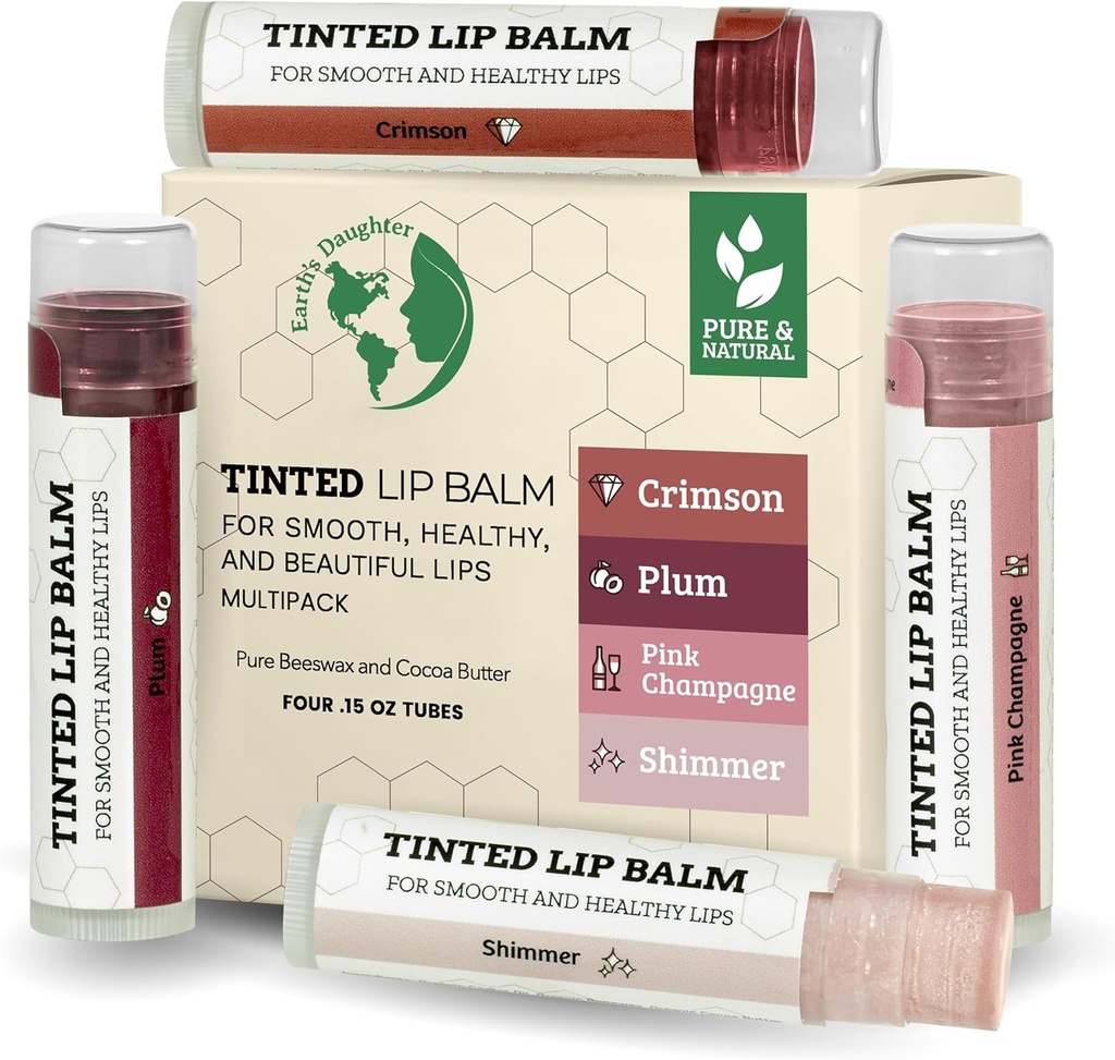 lip gloss earth s daughter tinted lip balm 4 pack of assorted colors - beeswax coconut oil cocoa butter vitamin e - moisturize and beautify - paraben free