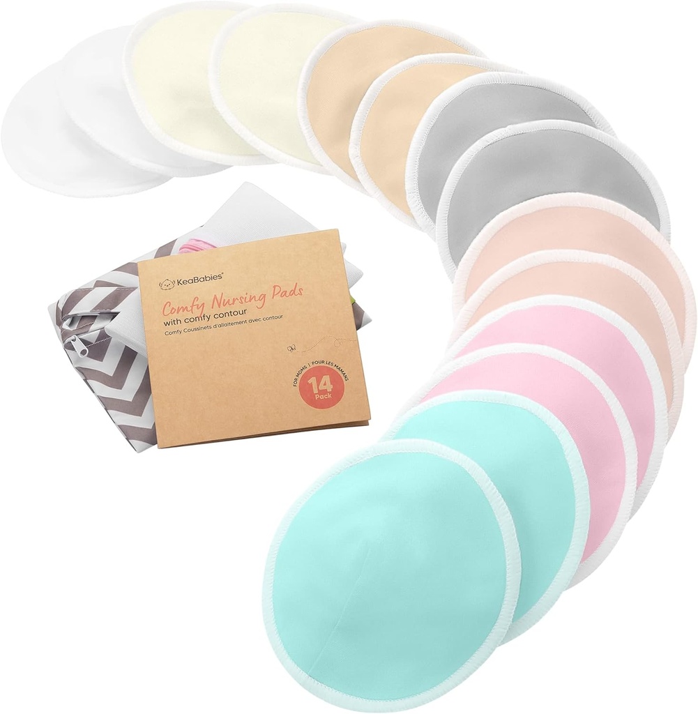 Organic Nursing Pads - 14 Washable Breast Pads for Breastfeeding, Wash Bag, Viscose Derived from Bamboo Reusable Nipple Covers for Breastfeeding Essentials, Soft & Absorbent(Pastel Touch, XL 5.6") (M)
