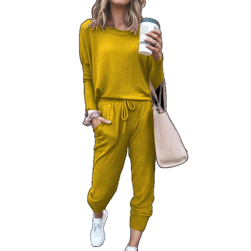 2020wish autumn and winter new cross-border European American women's clothing Amazon home loose solid color long-sleeved casual suit for women women (One Size)