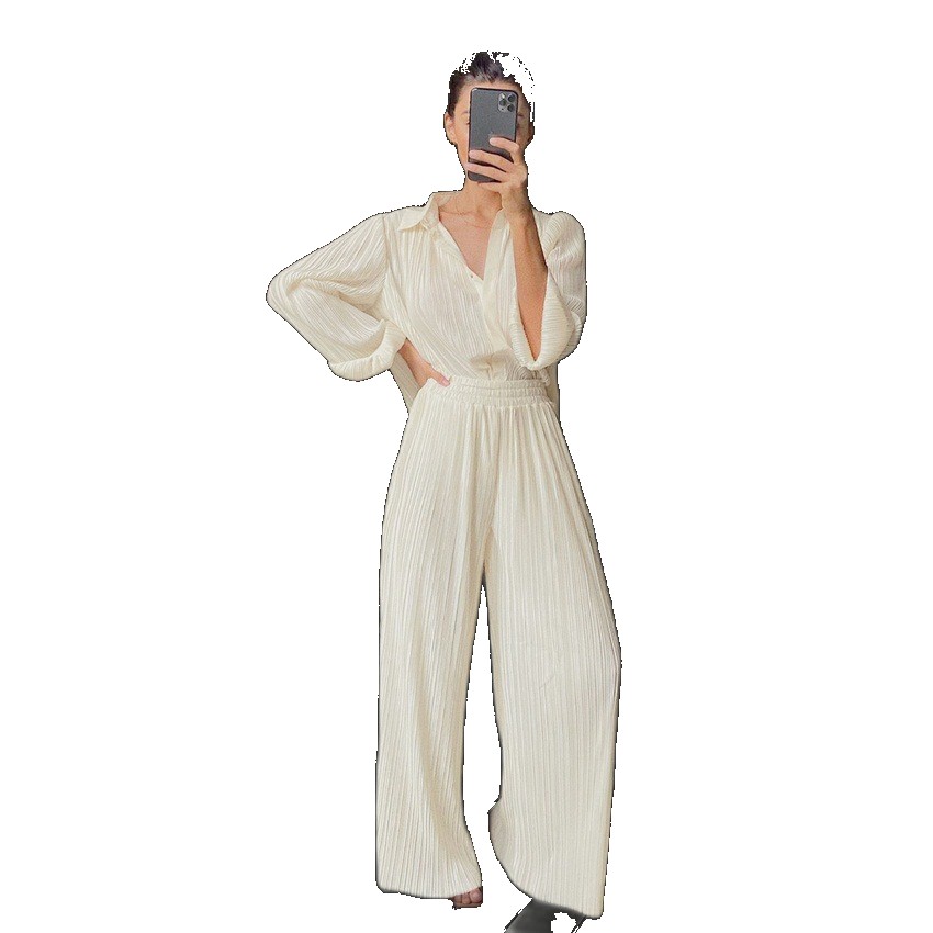 2023 autumn and winter new long-sleeved lapel pleated shirt women's wide-leg mopping drape trouser suit solid color color