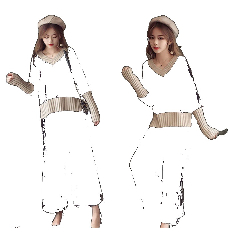 2023 autumn and winter new style small fragrant large size foreign thin bottoming knitted sweater women's wide-leg pants two-piece suit suit (One Size)