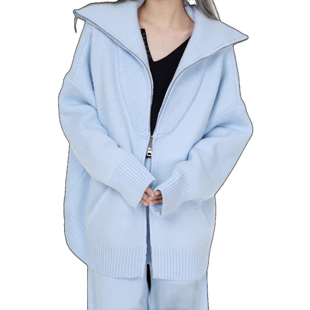 2023 autumn and winter zipper casual sports knitted suit women's high waist straight leg mopping wide trousers two-piece trendy trendy (One Size)