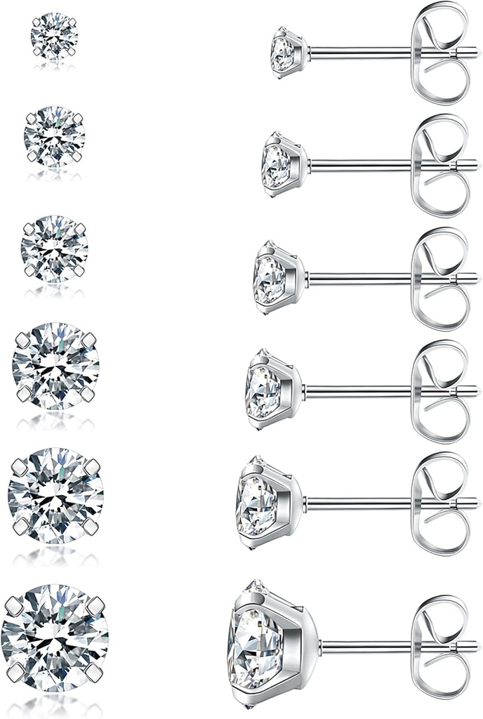 饰品 6 pairs stud earrings set hypoallergenic cubic zirconia 316l earrings stainless steel cz earrings 3-8mm steel color (One Size)