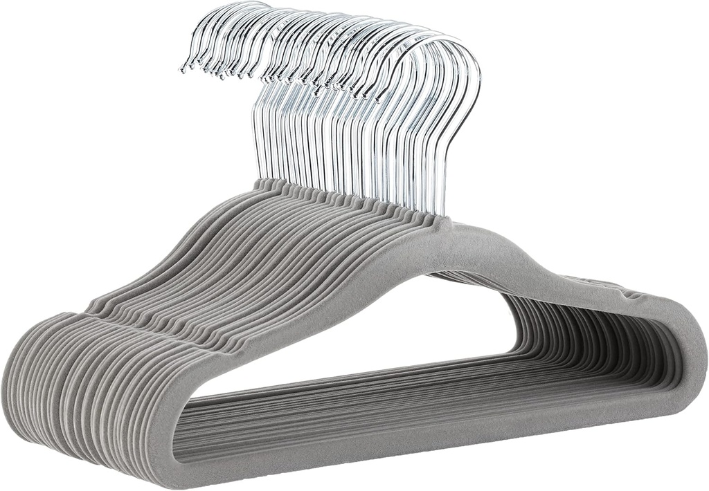 Amazon Basics Kids Velvet Non-Slip Space Saving Clothes Hangers with Shoulder Notches, Sturdy Closet Organizer for Baby/Toddler, 11.6", Gray, 30-Pack (One Size)