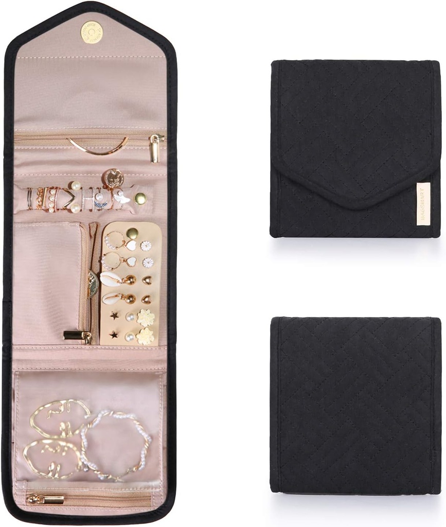 BAGSMART Travel Jewelry Organizer Case Foldable Jewelry Roll for Journey Rings, Necklaces, Earrings, Bracelets, Mini, Black (One Size)
