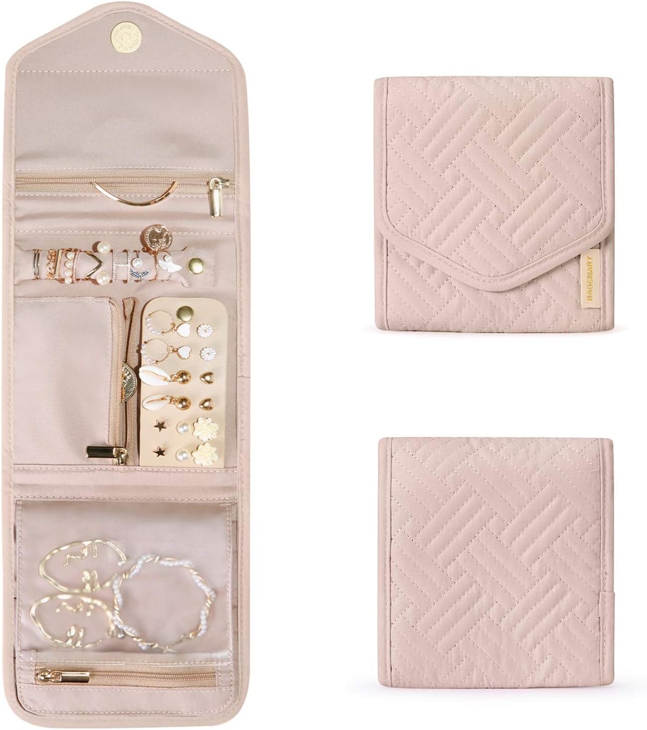 BAGSMART Travel Jewelry Organizer Case Foldable Small Jewelry Roll for Journey Rings, Necklaces, Earrings, Bracelets,Mini,Soft Pink (One Size)