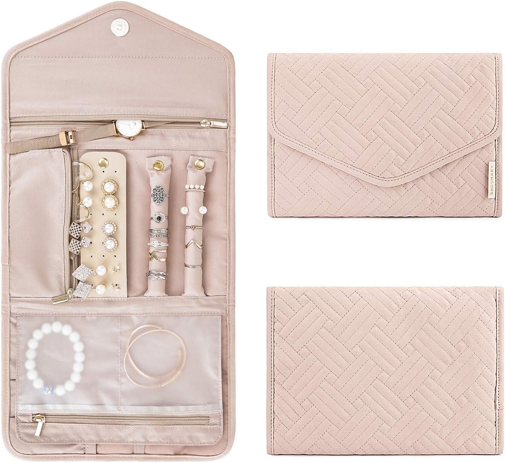 BAGSMART Travel Jewelry Organizer Roll Foldable Jewelry Case for Journey-Rings, Necklaces, Bracelets, Earrings, Soft Pink (One Size)