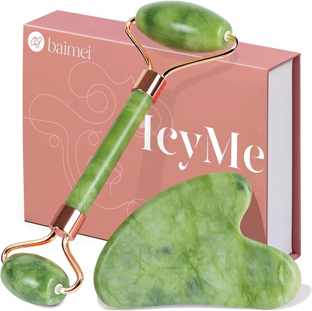 BAIMEI IcyMe Gua Sha & Jade Roller Set, Cooling Face Roller & Guasha Tool for Face Depuffing, Facial Sculpting & Jawline Definition, Smooth Rolling Skincare Tools for Women & Men – Green (One Size)