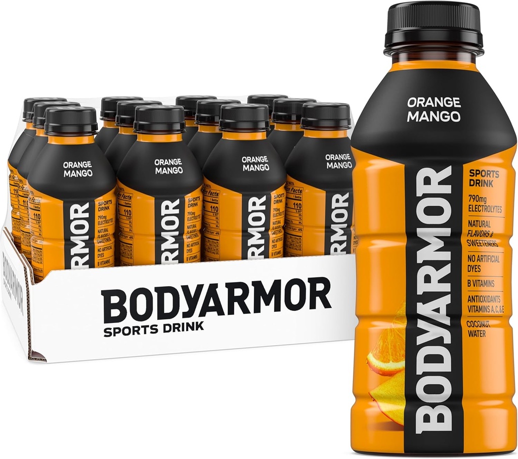饮料 bodyarmor sports drink orange mango electrolyte drink hydration 16 fl oz bottles 12 pack flavored coconut water with b vitamins antioxidants (One Size)