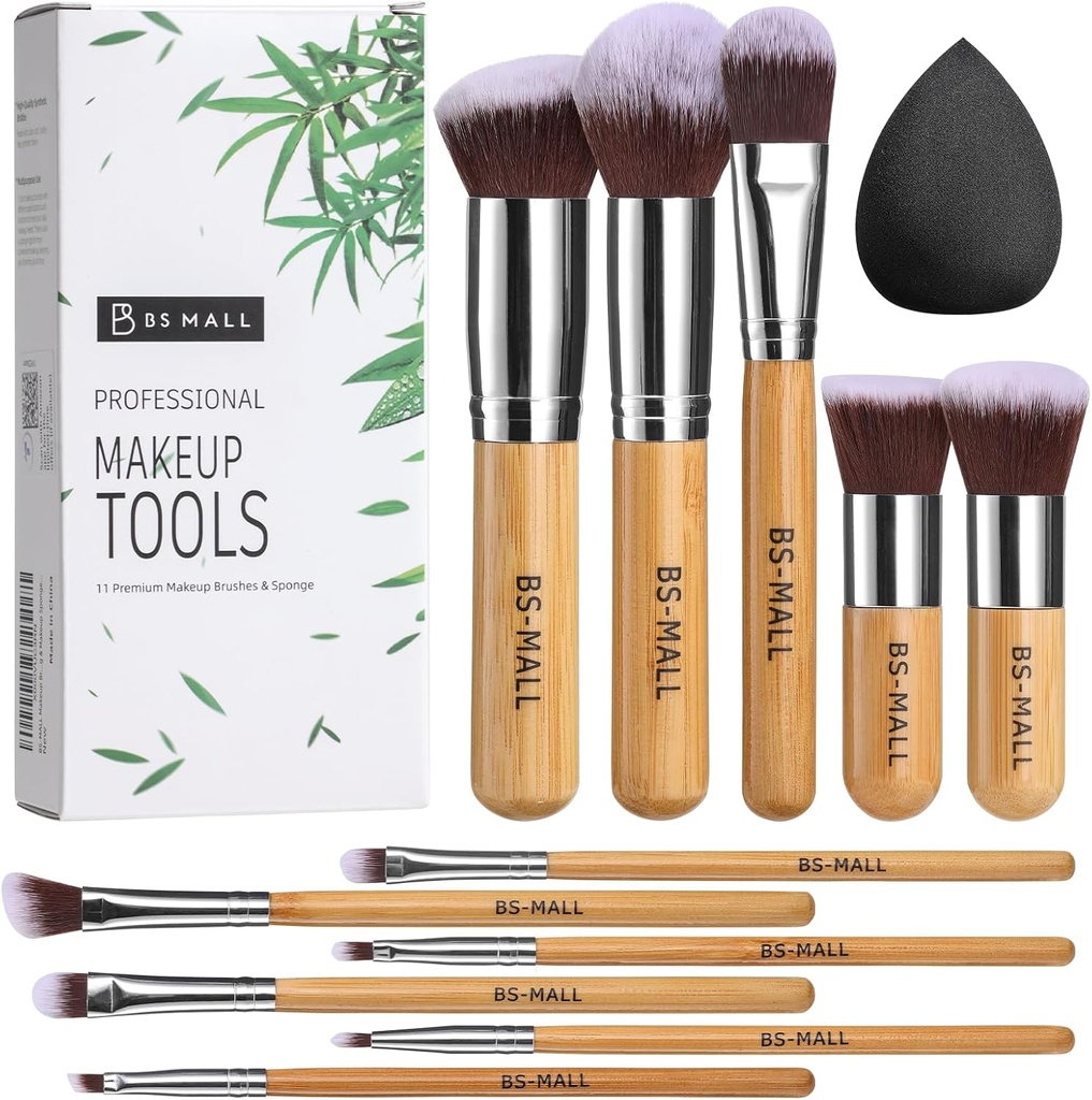 BS-MALL Makeup Brush Set 11Pcs Bamboo Synthetic Kabuki Brush Set Foundation Powder Blending Concealer Eye shadows Blush Cosmetics Brushes with Travel Organizer Bag & Makeup Sponge (Bamboo 11) (One Size)