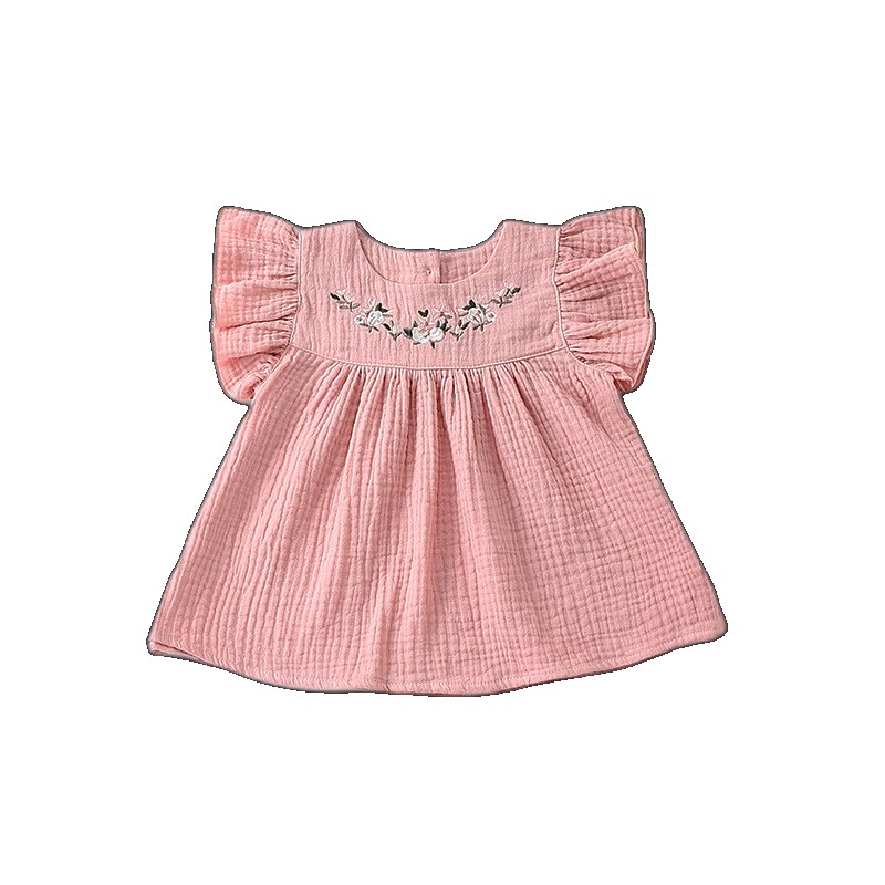 Baby girl baby embroidered dress 2023 summer cotton girls small flying sleeves princess shorts two-piece set set (One Size)