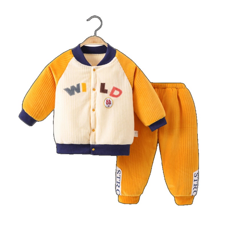 Baby warm clothes set three-layer quilted children's cotton-padded jacket cotton trousers baby autumn and winter thickened boys girls girls (One Size)