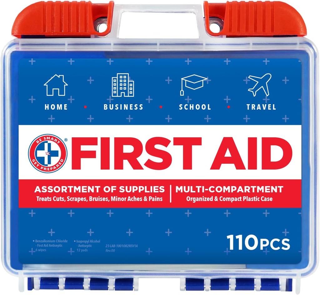 outdoor camping equipment be smart get prepared 110 pc first aid kit clean treat protect minor cuts home office car school business travel emergency outdoor camping sports fsa hsa packaging may vary (One Size)