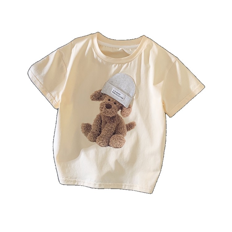 Boys and girls summer fashion puppy elephant penguin bear print short-sleeved three-dimensional cap cotton T-shirt children's tops tops (One Size)