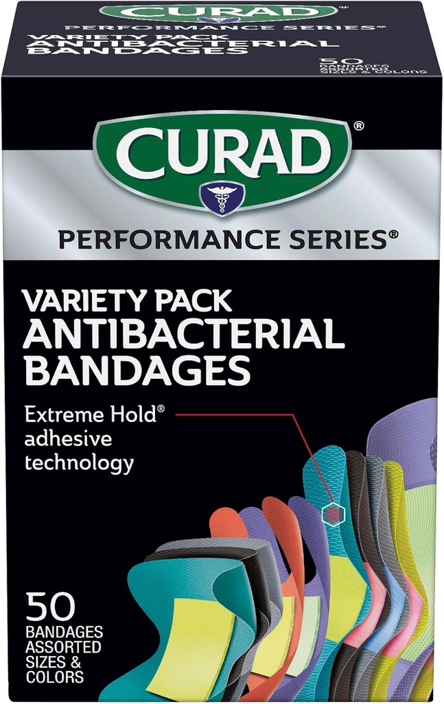 CURAD Performance Series Antibacterial Bandages, Extreme Hold Adhesive Technology, Finger & Knuckle Bandages, Flexible Fabric, Variety Pack with Assorted Sizes & Colors, 50 Count (One Size)