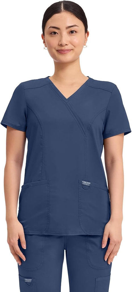 Cherokee Scrubs Top for Women Mock Wrap with 3 Pockets, Soft, 2-Way Stretch & Durable Fabric - WW610 (One Size)