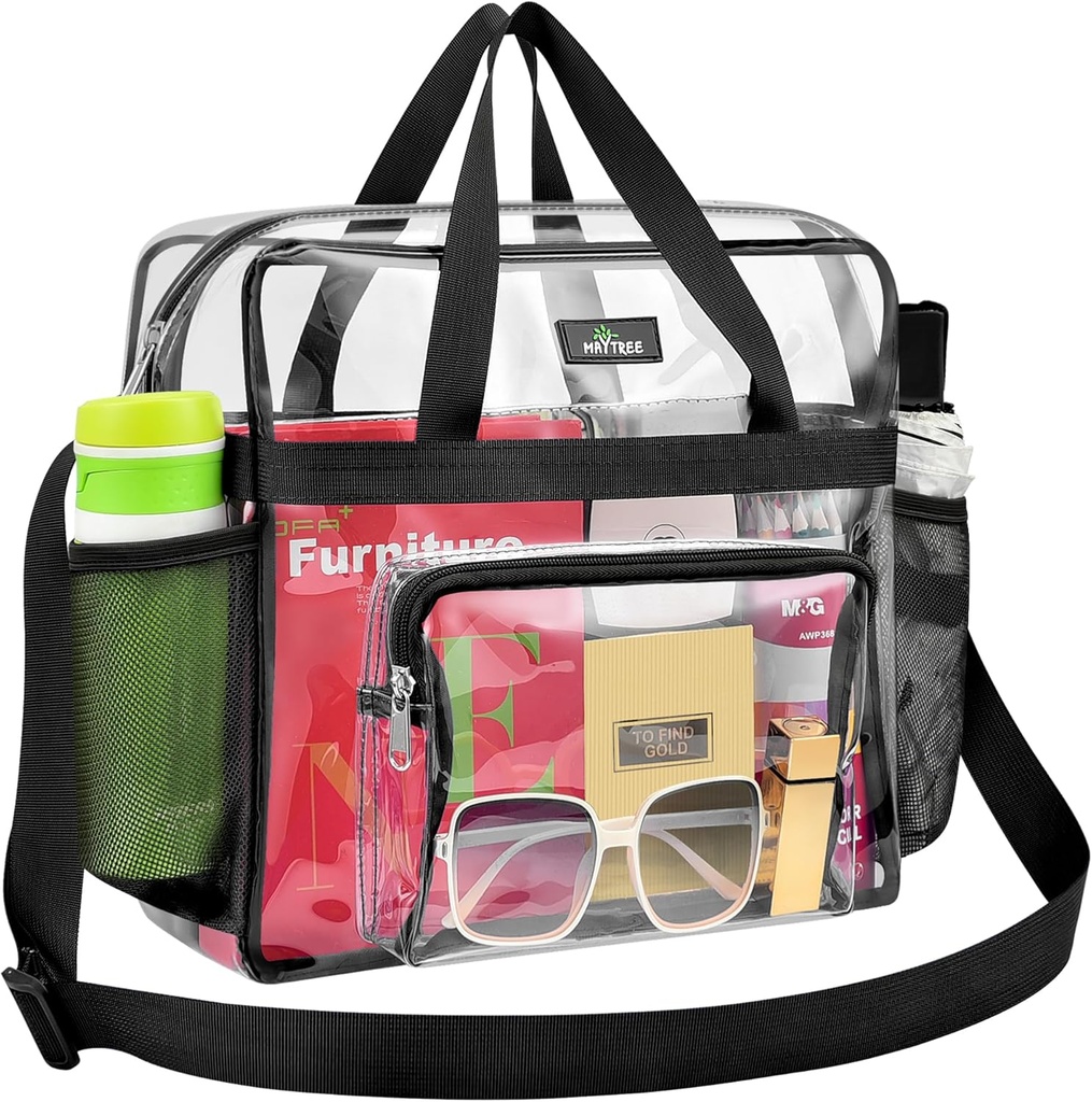 Clear Bag for Stadium Events, 12×5.5×12 Clear Tote Lunch Bag with Non-detachable Reinforced Straps for Work, Sporting Events and Gym, Black (One Size)