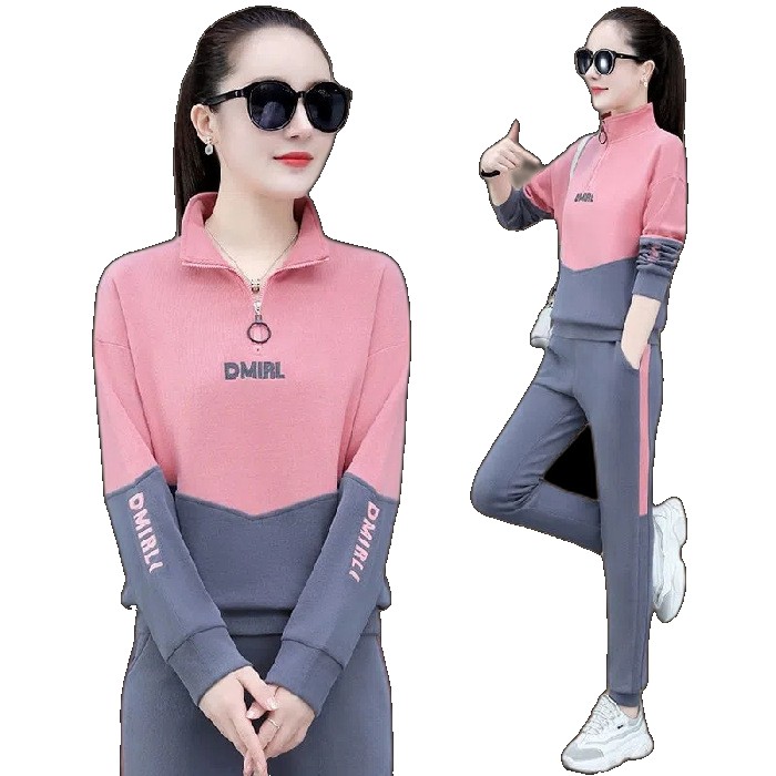 Cross-border casual sports suit women's autumn new fashion slim plus size trendy brand pullover sweater two-piece set set (One Size)