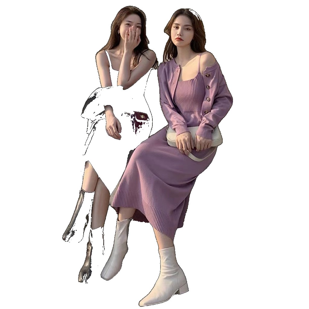 Early autumn and winter new women's clothing suit, small fragrance, foreign style, net red temperament, fashionable knitted suspender dress, two-piece suit suit (One Size)