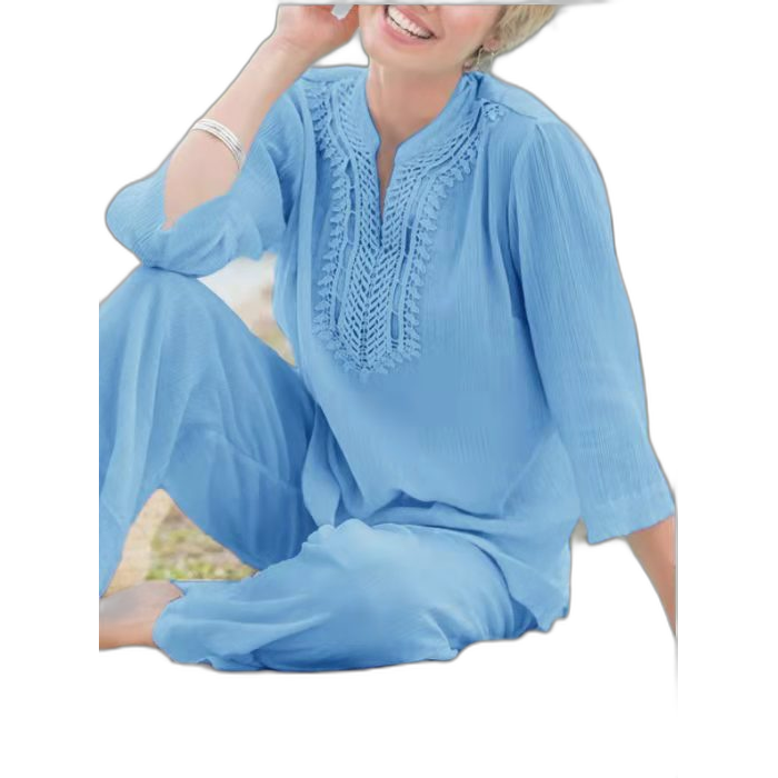 Europe and the United States 2022 independent station women's solid color lace V-neck long-sleeved pullover blue shirt suit suit (One Size)