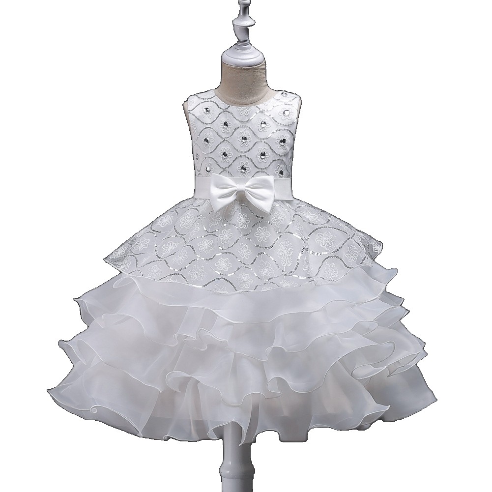 European and American medium large girls bowknot fluffy dress with beads sequins princess flower girl wedding mesh children's dress (One Size)
