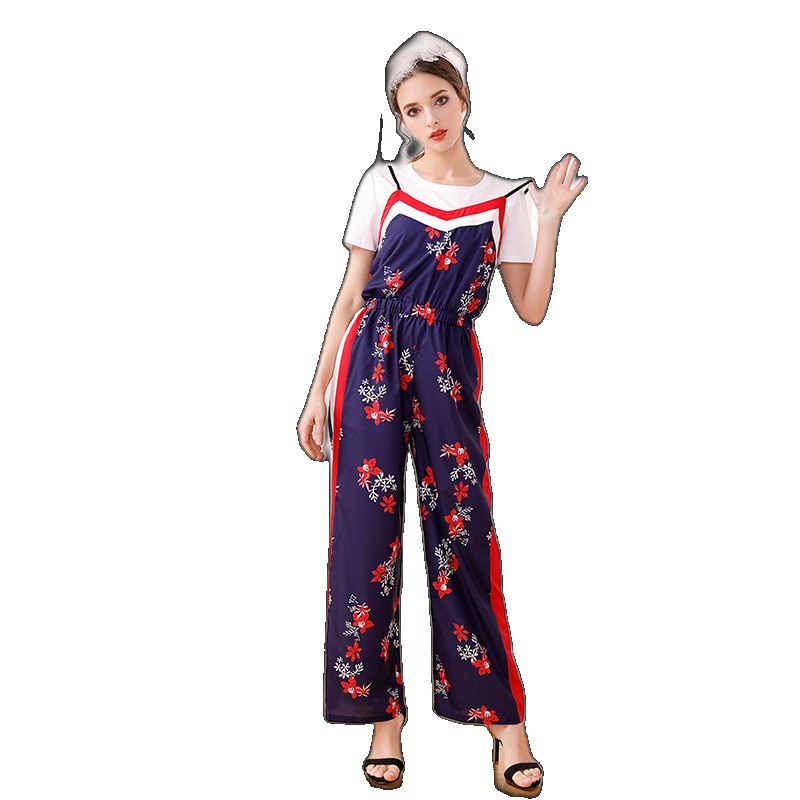 European and American new spring all-match T-shirt + printed suspenders jumpsuit wide-leg pants suit female two-piece set set (One Size)