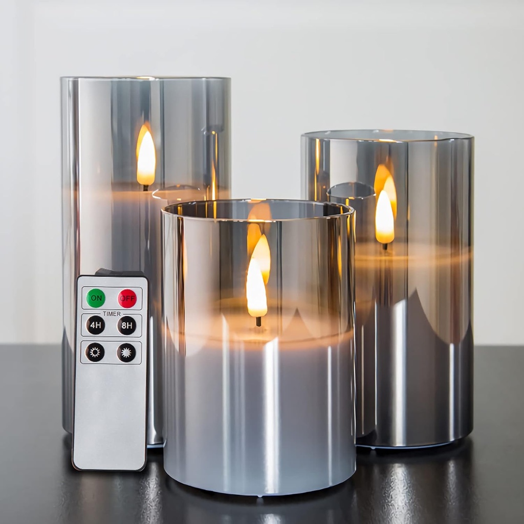 home decoration eywamage smoke grey glass flameless pillar candles with remote flickering led battery candles table decor set of 3 (One Size)