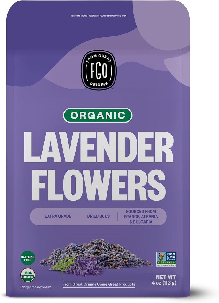 FGO Organic Dried Lavender Flowers, Extra Grade Dried Buds, Imported From France for Culinary or Sachet Bags, 4oz, Packaging May Vary (Pack of 1) (One Size)