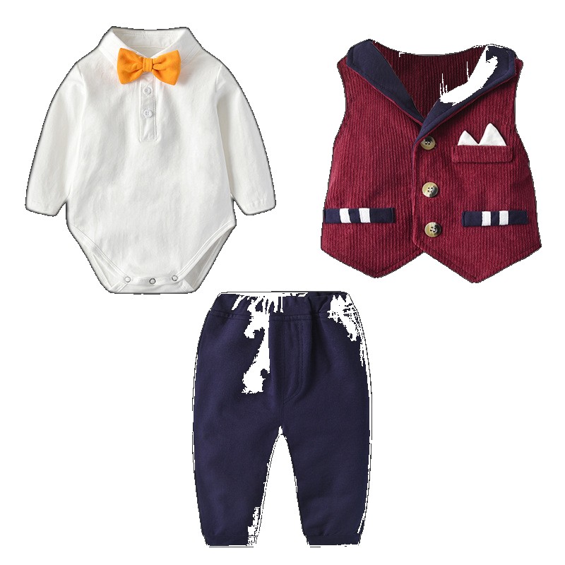 Foreign trade children's clothing spring and autumn 2023 new suits gentlemen wearing bow ties baby clothes one-year-old boy's ceremony clothing (One Size)