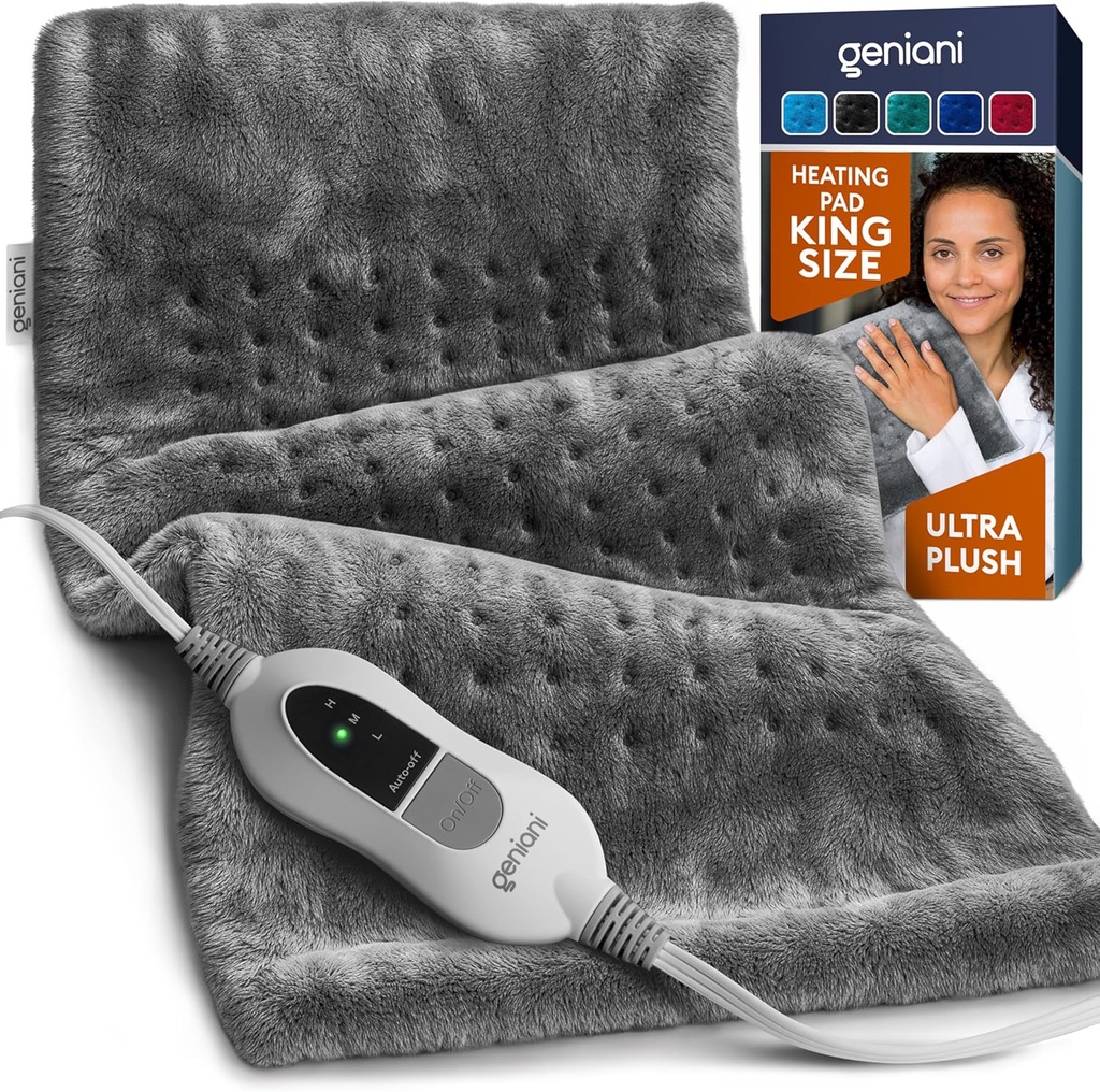 GENIANI Electric Heating Pad for Back Pain & Cramps Relief, Electric Throw, Auto Shut Off, Machine Washable, Heating Pad for Neck & Shoulder (12×24", Tabby Gray) (One Size)