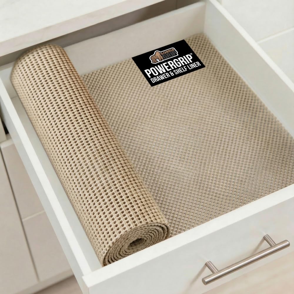 cabinets for the kitchen gorilla grip powergrip drawer shelf and cabinet liner thick strong hold non-adhesive liners protect kitchen cabinets and cupboard bathroom drawers easy install mat 12 x20 beig (One Size)