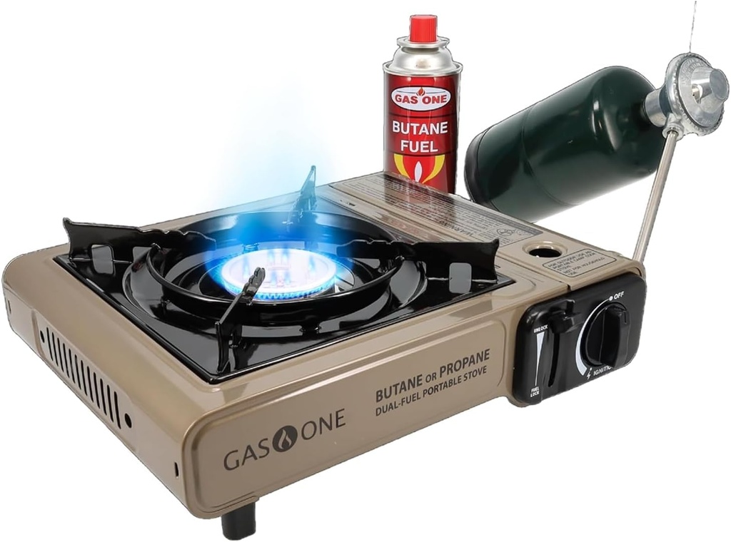 outdoor camping equipment gas one gs-3400p propane or butane stove dual fuel stove portable camping stove - patented - with carrying case great for emergency preparedness kit (One Size)
