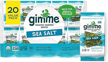 Gimme Seaweed Organic Premium Roasted Seaweed Snacks, Sea Salt, 20 Count, Keto, Vegan, Gluten-Free, Great Source of Omega3s and Iodine, Healthy On-The-Go Snack for Kids and Adults (One Size)