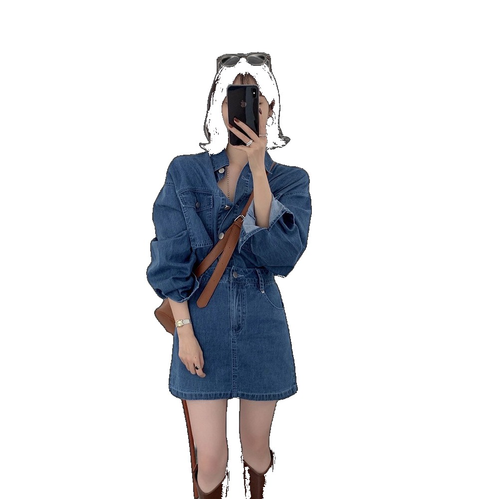 Korea Dongdaemun 2023 new autumn fashion loose long-sleeved denim shirt + high-waisted A-line skirt two-piece set set (One Size)