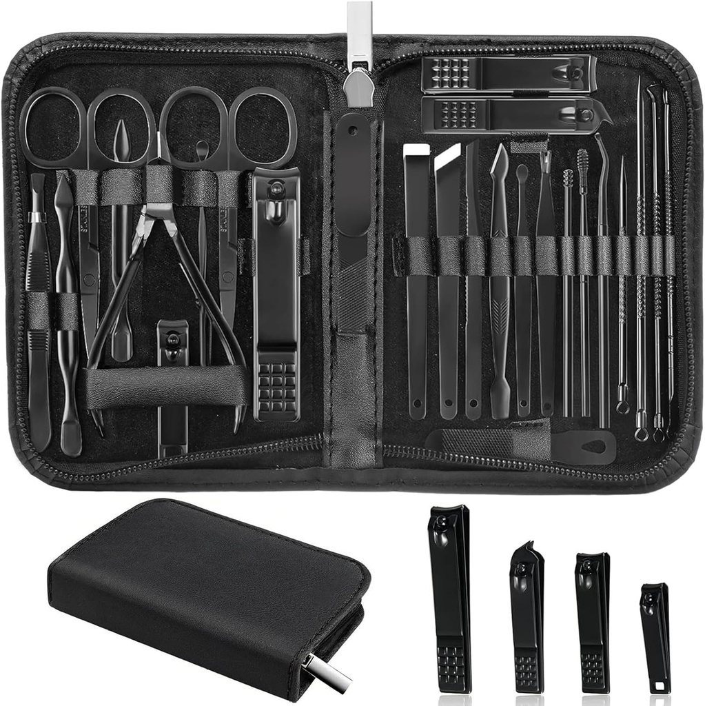 Manicure Set Professional Nail Clipper Kit-26 Pieces Stainless Steel Manicure Kit,Nail Care Tools with Luxurious Travel Case Nail Grooming Kit Present for Men Husband Boyfriend Parent (Black) (One Size)