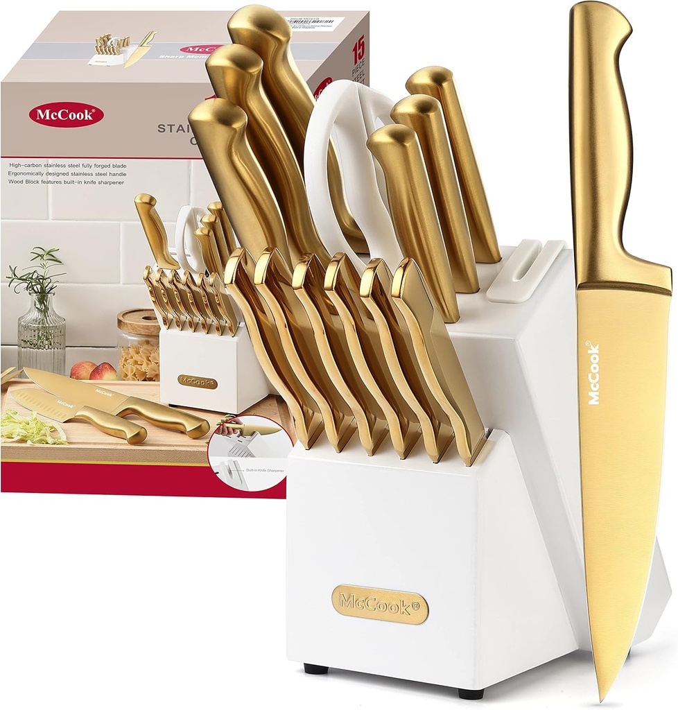 McCook® Knife Sets, Golden Titanium Stainless Steel Kitchen Knife Block Sets with Built-in Sharpener,15 Piece Knives, Restaurant Grade Sharp, Elegant Gold & Stylish Wooden Block for Modern Culinary (One Size)