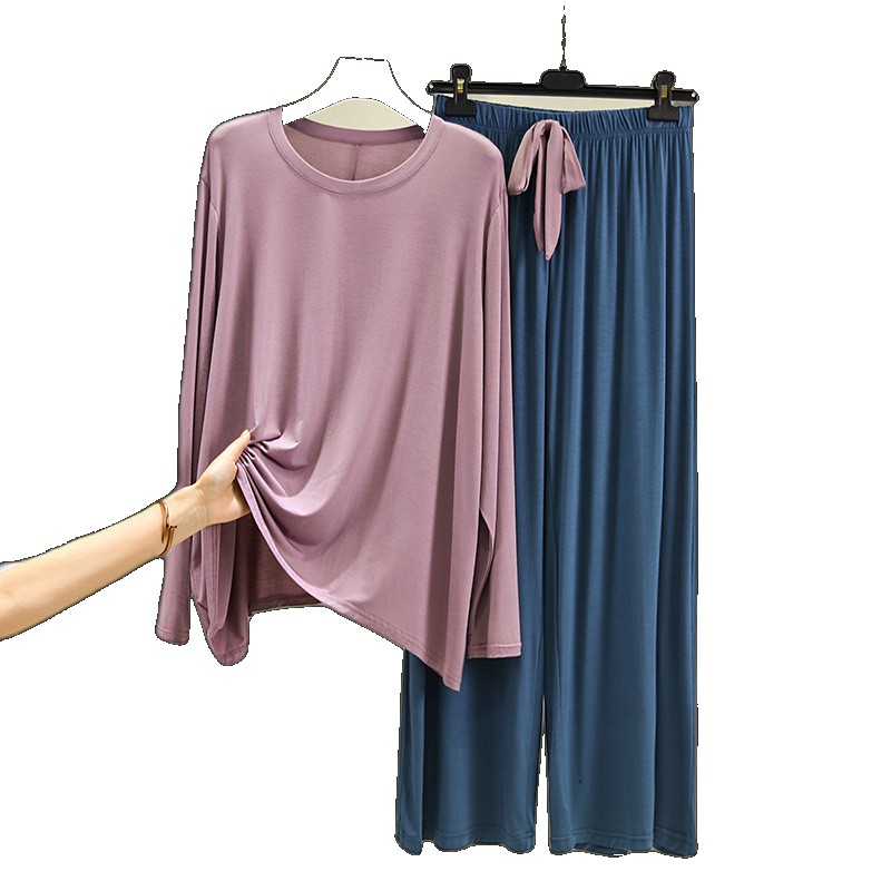 Modal fashion suit women 2023 spring casual round neck long-sleeved t-shirt high waist loose color matching wide-leg trousers trousers (One Size)