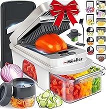 Mueller Pro-Series All-in-One, 12 Blade Mandoline Slicer for Kitchen, Food Chopper, Vegetable Slicer and Spiralizer, Cutter, Dicer, Grater, Kitchen Gadgets Sets with Container, White Sand/Gray (One Size)