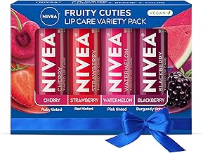 NIVEA Lip Care, Fruity Tinted Lip Balm Variety Pack, Cherry, Strawberry, Blackberry and Watermelon Flavors, 3-in-1 Moisture, Repair and Color, 0.17 Oz Stick, Pack of 4 (One Size)