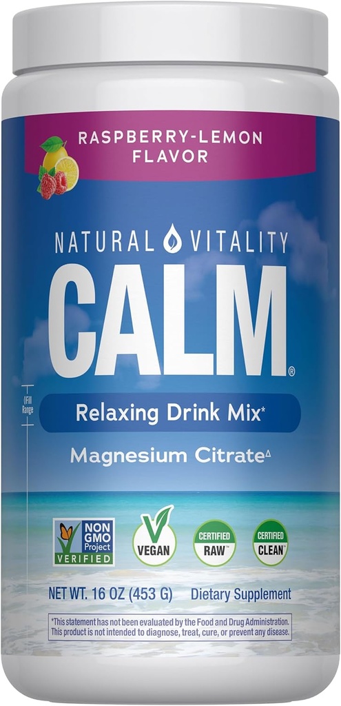 Natural Vitality Calm, Magnesium Citrate Supplement, Anti-Stress Drink Mix Powder, Gluten Free, Vegan, & Non-GMO, Raspberry Lemon, 16 oz (One Size)